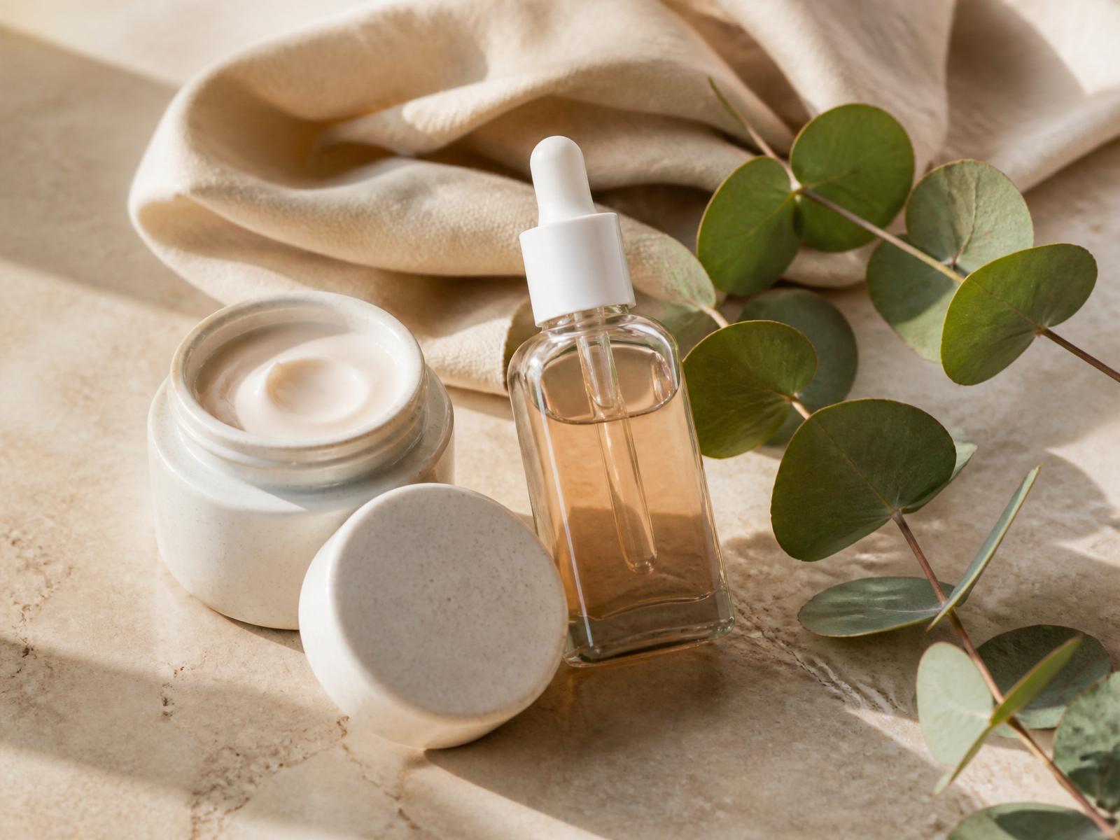 Editorial flat-lay of SKINN18 skincare essentials