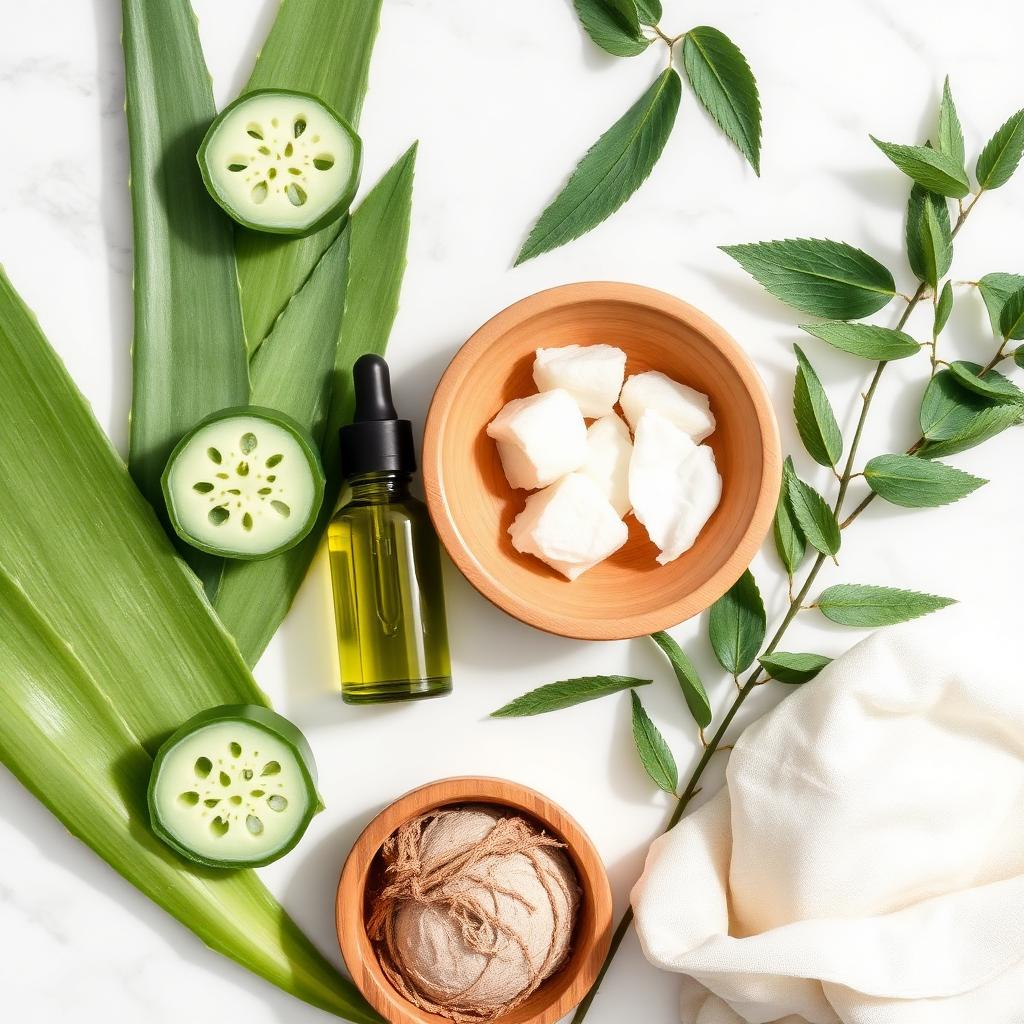 Natural skincare ingredients with aloe and leaves