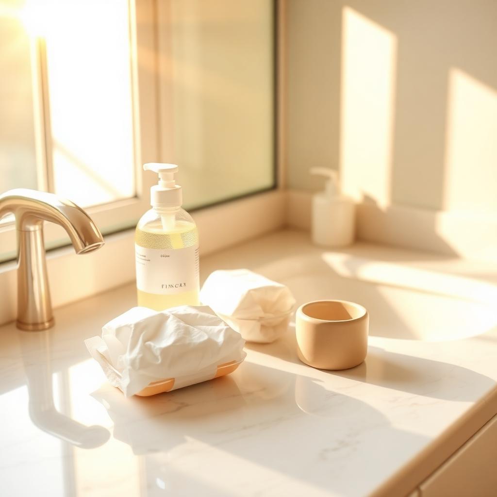 Morning routine on a sunlit marble vanity